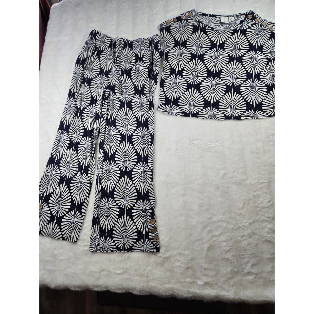 Joie Linen Blend Palm Print 2 Piece Set Navy Cream Top Wide Leg Pants Resortwear